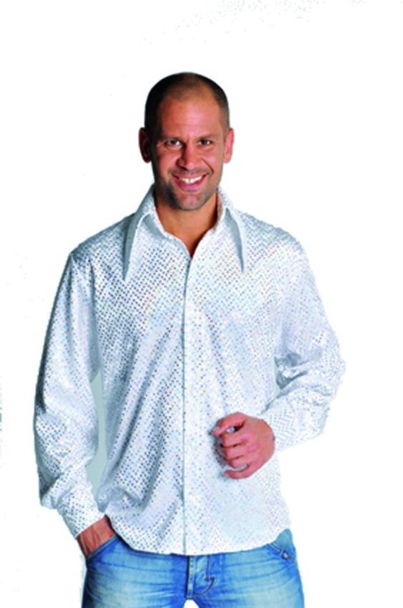 Glitter & Glamour Kostuum | Glimmende Disco Gozer Pailletten Hemd Wit Man | Large | Carnaval kostuum | Verkleedkleding